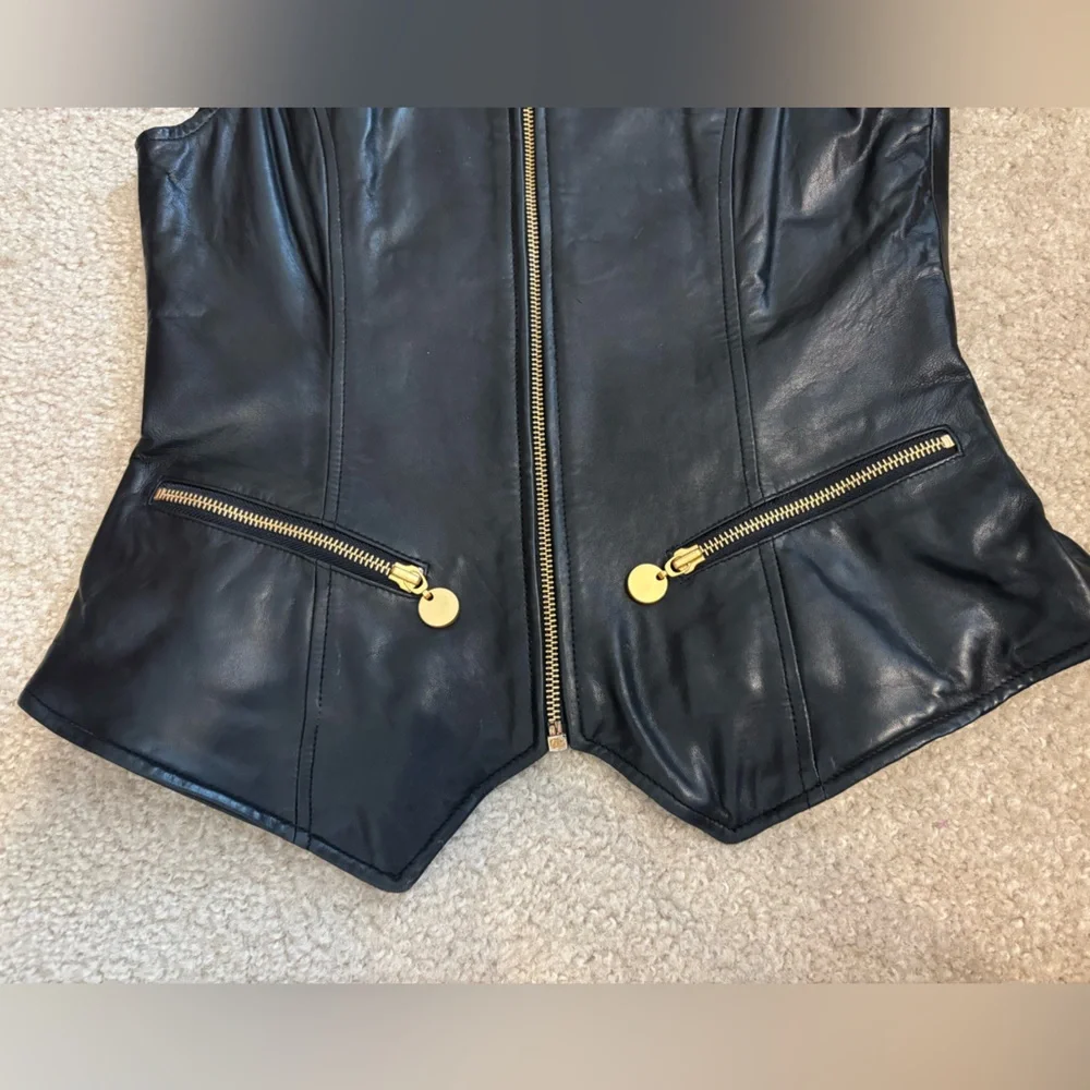 Siena Studio Vintage Leather Gold Accent Full Zip Black Vest Women’s Size Small - Picture 5 of 13